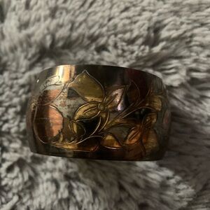 Vintage Floral Engraved Metal Cuff Bracelet in Mixed Metallic Tones